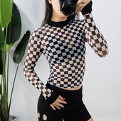 T恤女 短款 打底衫 露脐长袖 棋盘格子网纱上衣微透修身 ins超火 薄款