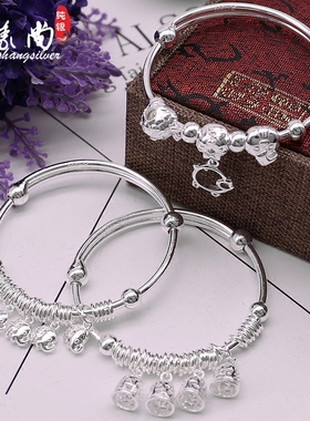 银手镯s990纯银女镂空铃铛转珠推拉银手环细带铃铛送女友生日礼物