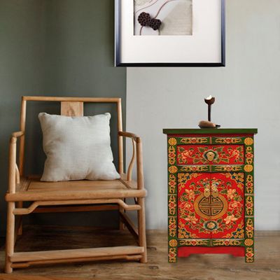 {大宅门出品}床头头柜实木卧室收纳新中式储物柜电视边柜古典彩绘