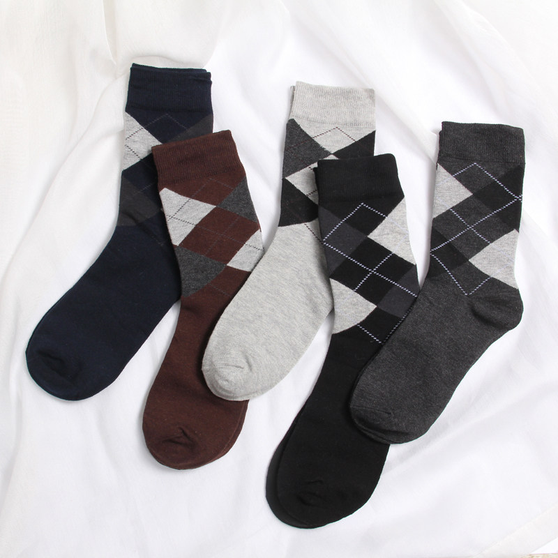 6双袜子男冬季棉袜吸汗短袜菱形格子秋冬保暖商务礼盒男袜中筒袜