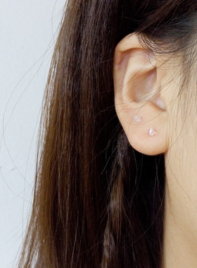 手工2/3mm天然白水晶隐形小耳钉足银999纯银耳钉耳骨钉养耳防过敏