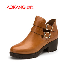 Aokang shoes fall 2015 new double belt buckle British fashion cowhide round head, thick with female, short boots