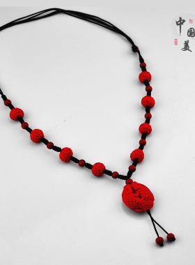正品中国风朱砂漆雕精致女款8福珠双抱鱼毛衣链项链颈链红色转运