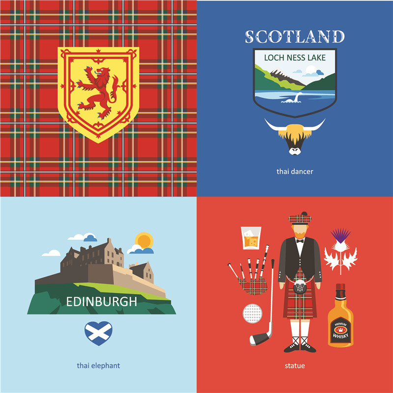 A0306矢量扁平化国家文化元素苏格兰风笛格子建筑城堡 AI设计素材