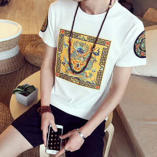 清朝衣服刺绣古代半袖衫龙袍短袖t恤加肥大码夏季男小杉大牌T恤潮