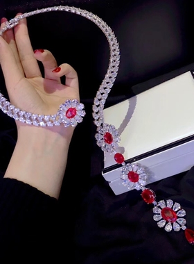 新娘婚礼晚会纯银镶锆石红色项圈
