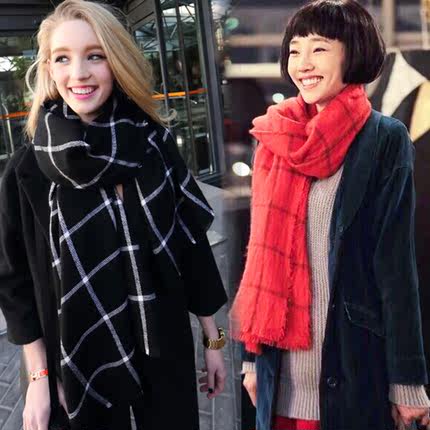 韩版围巾女秋冬季超长红黑白格子围巾男女士百