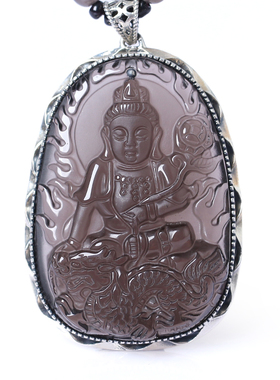 2026年冰种黑曜石925银普贤菩萨十二生肖属龙本命佛守护神吊坠