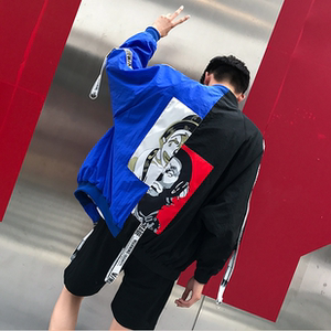 宽松拼色立领拼接小丑印花薄款飘带外套夹克仙洋同款沙滩防晒衣男