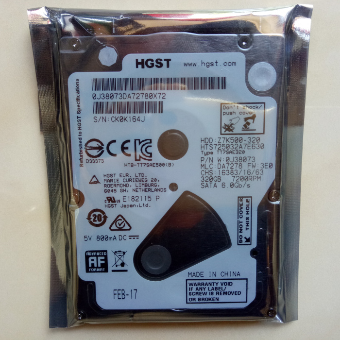 全新原装HGST日立笔记本电脑硬盘，可15天无理由退货，产品包邮并购买退运保险！2.5寸320G笔记本电脑硬盘，7MM单碟薄盘，7200转速32M缓存，SATA3代接口（兼容SATA1和SATA2）。性价比非常高。硬盘型号：HTS725032A7E630