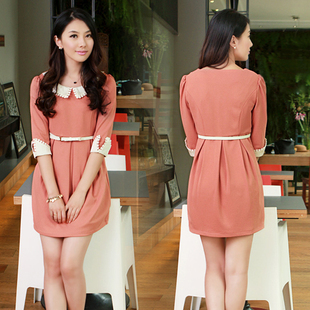 甜美钩花娃娃领厚实立体小点棉针织连衣裙 新款 品牌撤柜 2015春装