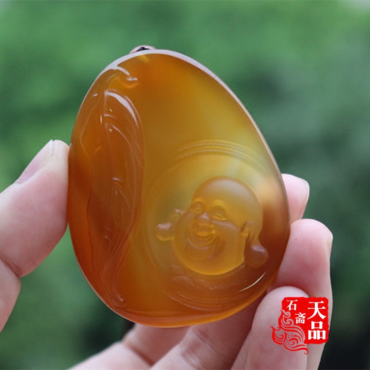 天然原色冰彩俏色蜜糖色玉髓玛瑙精雕佛头（心中有佛）吊坠挂件