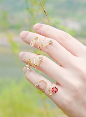 实拍欧美饰品简约画油花朵宝石蝴蝶结指甲缠绕开口戒关节尾戒指女