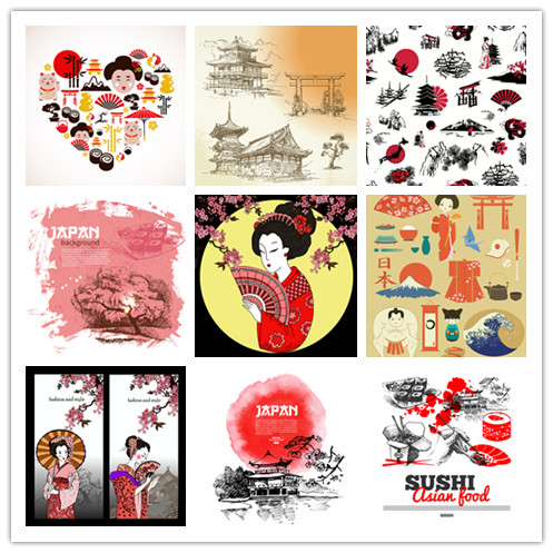 矢量设计素材 日本传统文化元素艺妓樱花寿司仙鹤建筑 EPS格式25P