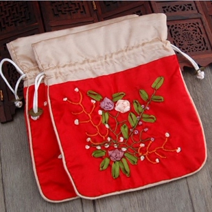 丝绸首饰袋 民族风手工绣花铜钱抽包高档锦囊小布袋佛珠袋大红色