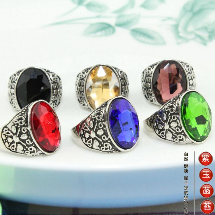 戒指男士欧美复古彩色椭圆蓝色宝石戒指霸气摇滚哥特情侣戒cb012