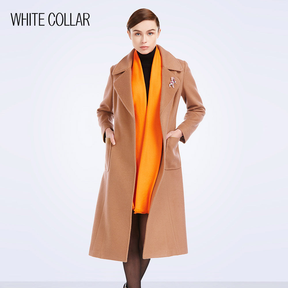 米咖波纹西服领一粒暗扣系带贴兜长大衣e-qc15-901