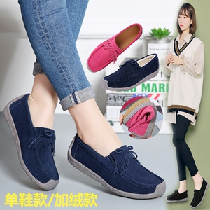 2020新款加绒豆豆鞋女冬真皮软底防滑孕妇妈妈鞋一脚蹬保暖休闲鞋
