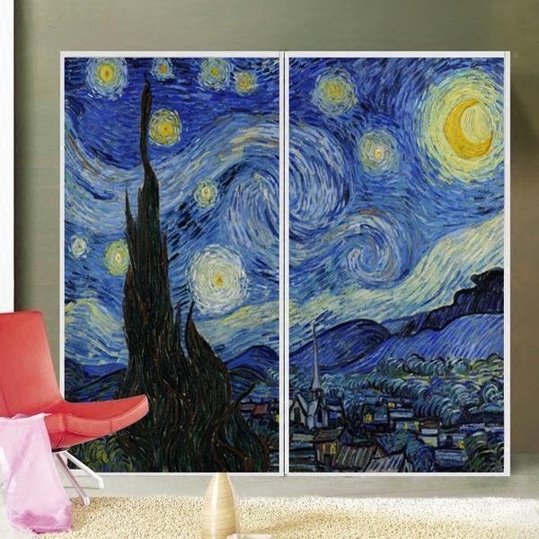 星空印象油画磨砂玻璃贴膜 定制衣柜阳台防爆遮光不透明环保贴纸
