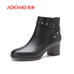 Aokang shoes autumn 2015 new Western leather boots with round head rivets thick with female side zipper boot