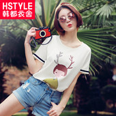 韩都衣舍2016韩版女装夏装新款宽松显瘦印花短袖雪纺衫RW5602瑒