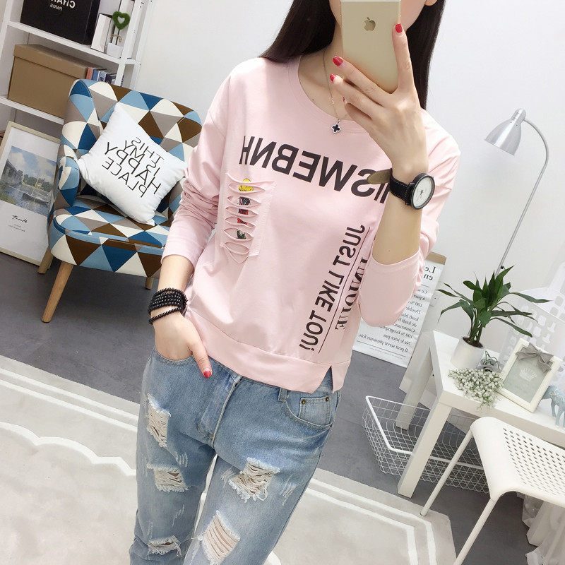 春秋长袖t恤女字母印花宽松上衣服韩国学生显瘦体恤女装打底小衫