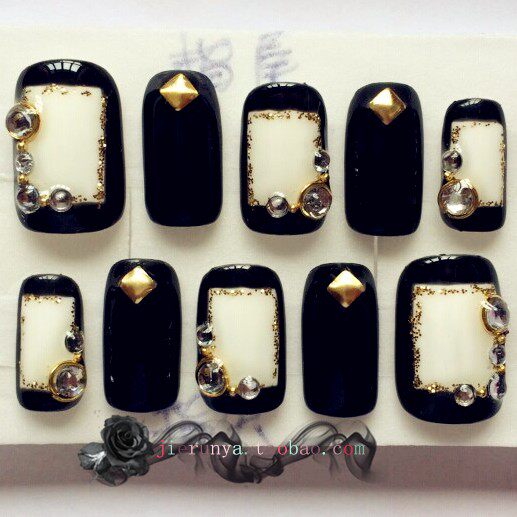 包邮纯手工光疗甲片黑白朋克贴钻定做贴片柳丁美甲成品金色假指甲