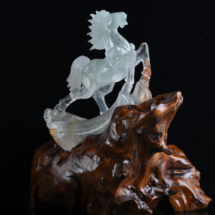 天然绿幽灵满天星原石雕刻件 骏马生肖摆件策马奔腾 镇宅灵狐福报