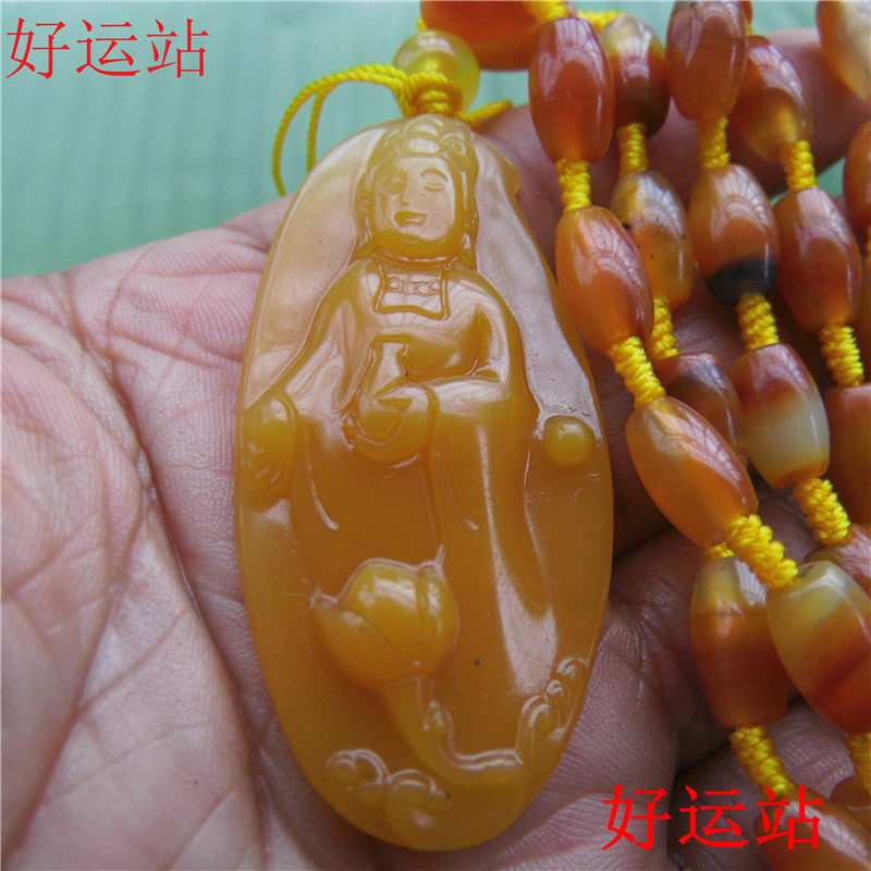 促销新款黄龙玉持瓶观音吊坠手工玉器玉石挂件黄蜡石项链珠宝首饰