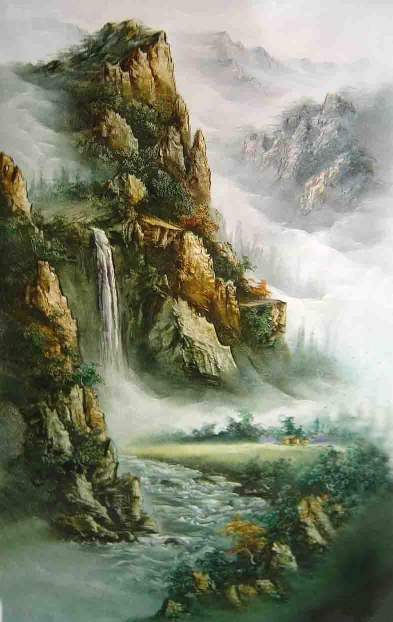东北刀画风景纯手绘山水刀油画客厅装饰画挂画壁画/风水山水 竖幅