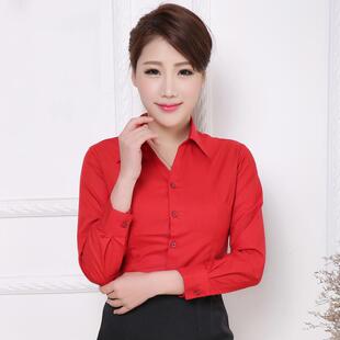 薄夏季红色衬衫女长袖 女士衬衫时尚韩版职业装工作服衬衣加大号