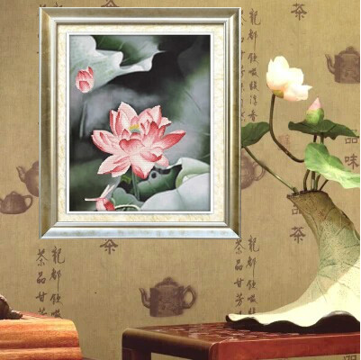 新款纯人工手绣十字绣成品花草3D版出水荷花客厅房间书房装饰画