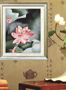 新款纯人工手绣十字绣成品花草3D版出水荷花客厅房间书房装饰画