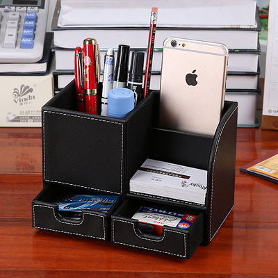 新款创意皮革多功能笔筒 桌面名片收纳盒商务办公用品带抽屉包邮