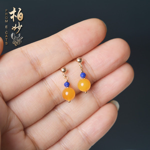 e.cats天然琥珀老蜜蜡花珀青金石南红玛瑙小耳坠耳钉14K注金包金