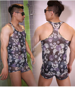 隆将打底潮男式夏季薄款透气网纱透明打底衫运动背心紧身修身套装