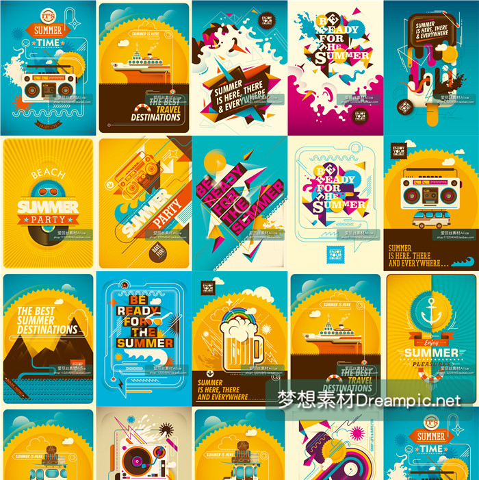 [283]28张扁平化夏季旅行音乐邮轮海洋插画 AI矢量设计素材