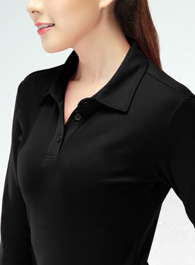 纯黑色女士秋装翻领T恤 POLO带领简约宽松大码纯棉长袖打底衫秋衣
