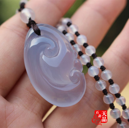 天然原色土耳其透润蓝玉髓雕招财如意吊坠挂件饰品配白玉髓珠链