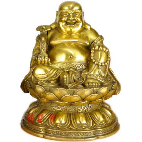 铜质莲花座弥勒佛神像坐像风水摆件招财保平安坐佛笑口佛