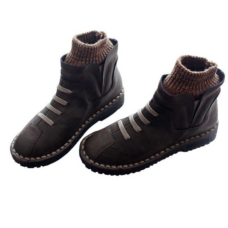 WOOL MOUTH ROUND HEAD AUTUMN AND WINTER WARM ANTI-LEVEL BOTTOM SOFT BOTTOM HANDMADE LITERARY RETRO SHORT BOOTS ANKLE BOOTS WOMENS SHOES BOOTS
