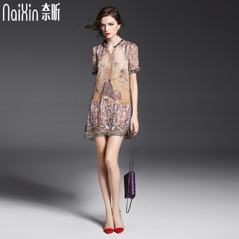 Nai Xin customization 4581 Women's wear fashion Women's wear Open collar Mosaic Short sleeved Europe and America Retro printing Dressin the Women's clothing/Boutique , Dress  category - from Buy2taobao.com to provide professional Taobao agent buy service