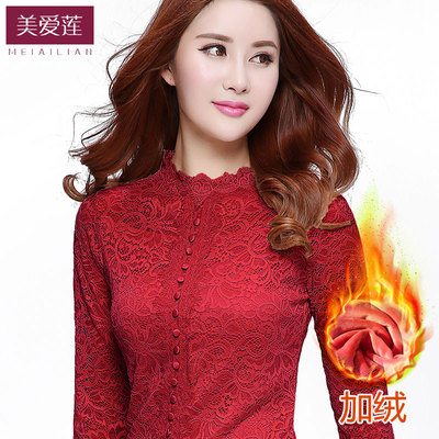 加绒加厚春秋装镂空大码蕾丝衫