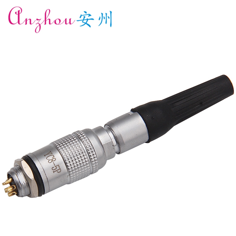 镀金航空插头YC8-5芯 YC8-5P推拉式快速连接 孔径8MM 带橡胶尾