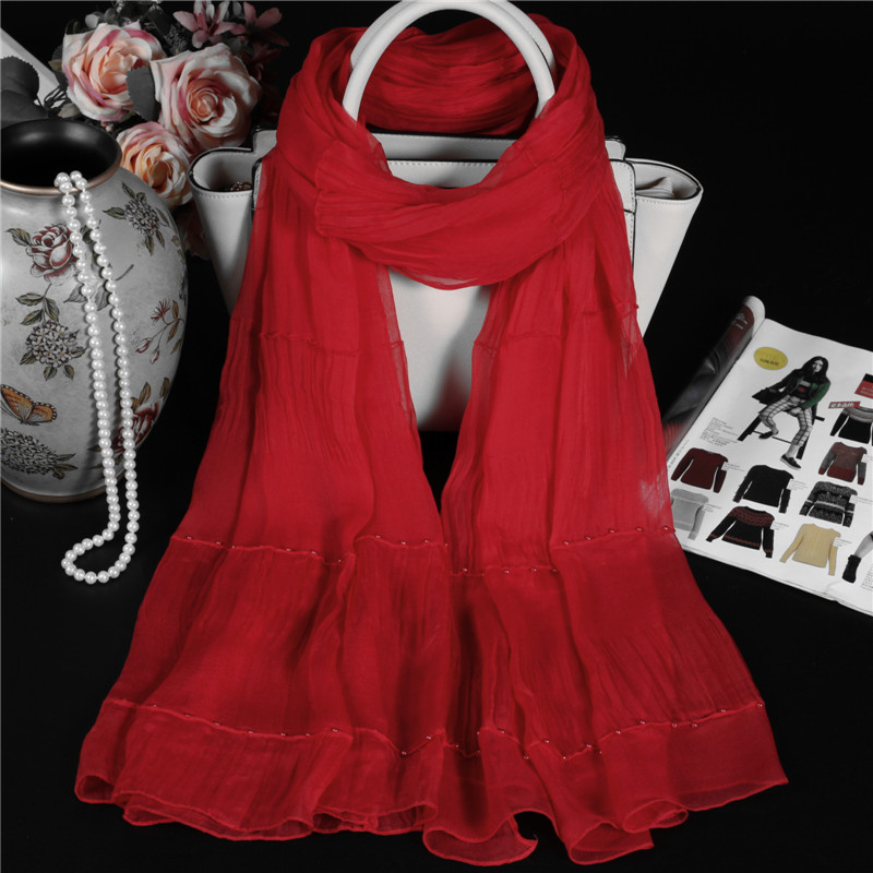 韩版高档纯色真丝围巾女100%桑蚕丝巾秋冬季杭州皱披肩大红色围脖