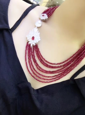 绿玛瑙多层纯银镶嵌锆石珍珠项链