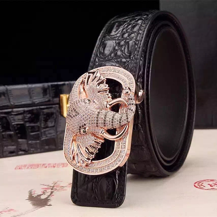 泰国鳄鱼皮象扣镶钻皮带大象扣头男士鳄鱼皮带鳄鱼骨男款象头腰带