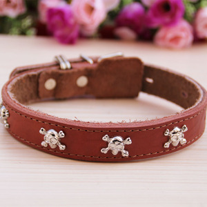 包邮宠物项圈大型犬牛皮颈圈骷髅头项圈中型犬脖套牛皮项圈狗链子