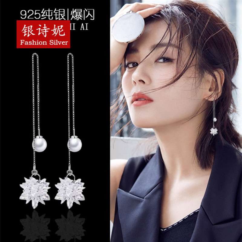 s925纯银长款水晶冰花耳环女气质日韩国甜美耳坠个性耳钉耳线简约