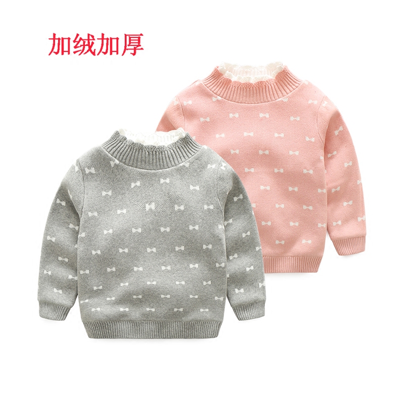 女童加绒毛衣小高领花边蕾丝套头女宝宝毛衣春秋款儿童毛衣双层